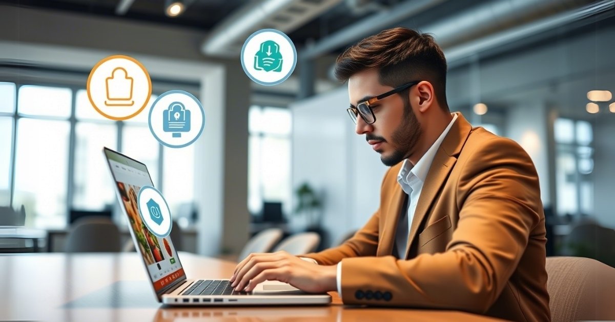 Professional man working on a laptop, exploring Affordable Hosting for Catering Services Businesses with secure, fast hosting options displayed.