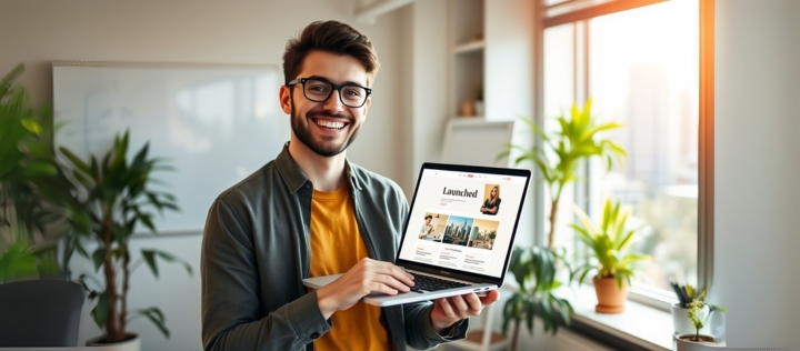 A small business owner celebrating their successful website launch, holding a laptop and smiling, in a bright and cheerful office with plants, a whiteboard, and a window showing a cityscape, How to Choose the Right Web Hosting.