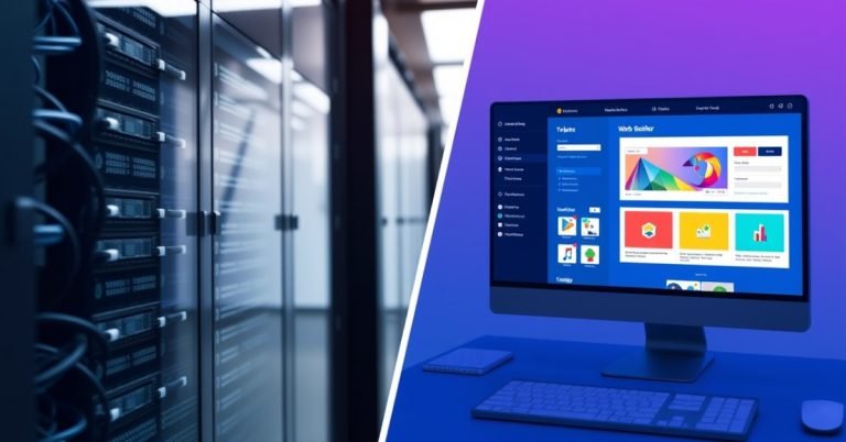 Comparison of web hosting infrastructure and website builder interface showcasing the differences in Web Hosting vs Website Builders