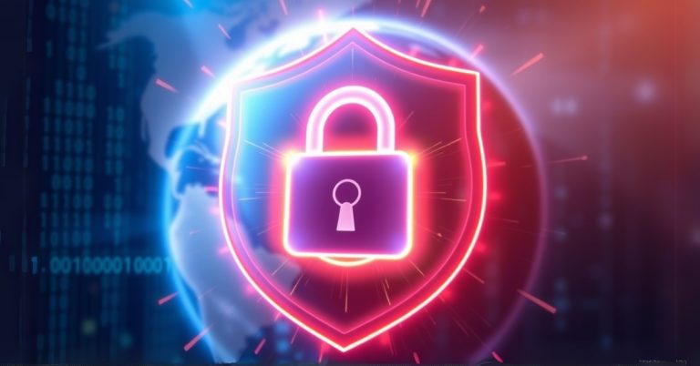 A futuristic padlock icon glowing with a shield around it, symbolizing website security, with a blurred background of digital code and a globe.