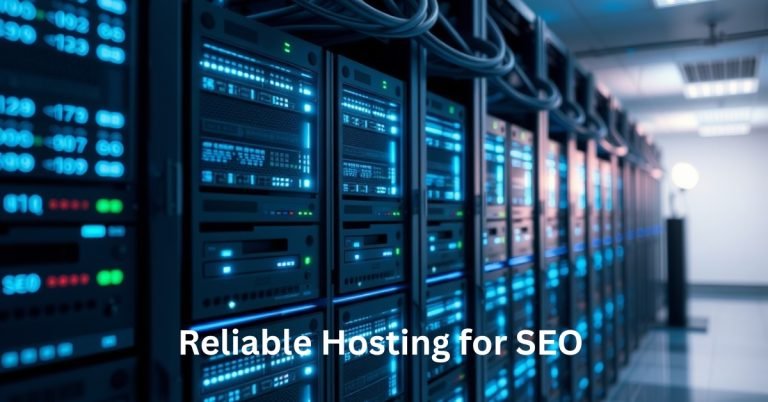 Server racks with blue lights highlighting the importance of reliable hosting for SEO, emphasizing how changing website host affect SEO by improving uptime.